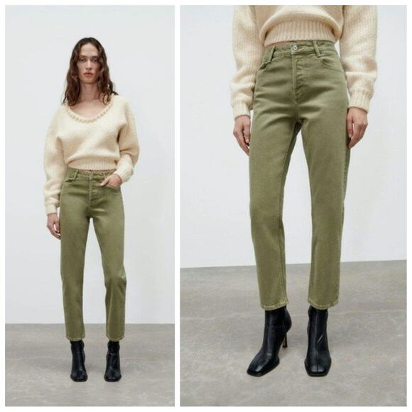 ZARA Women's Military Green Button Fly Hi Rise Jeans Size 4 Straight Ankle Crop - Picture 1 of 10
